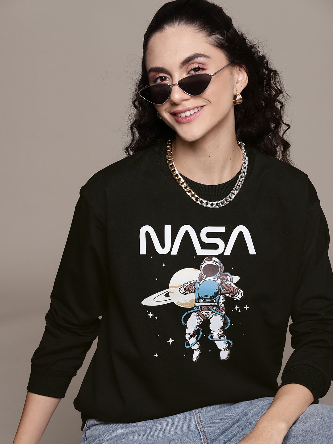 URBANIC Women Black & White NASA Print Relaxed Fit Sweatshirt Price in India