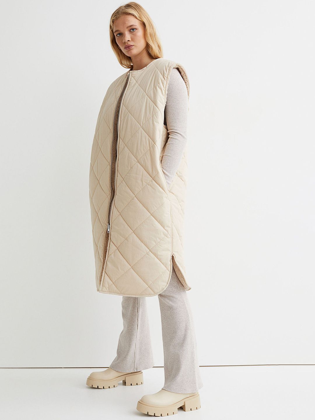 H&M Women Beige Quilted Faux Shearling Gilet Price in India