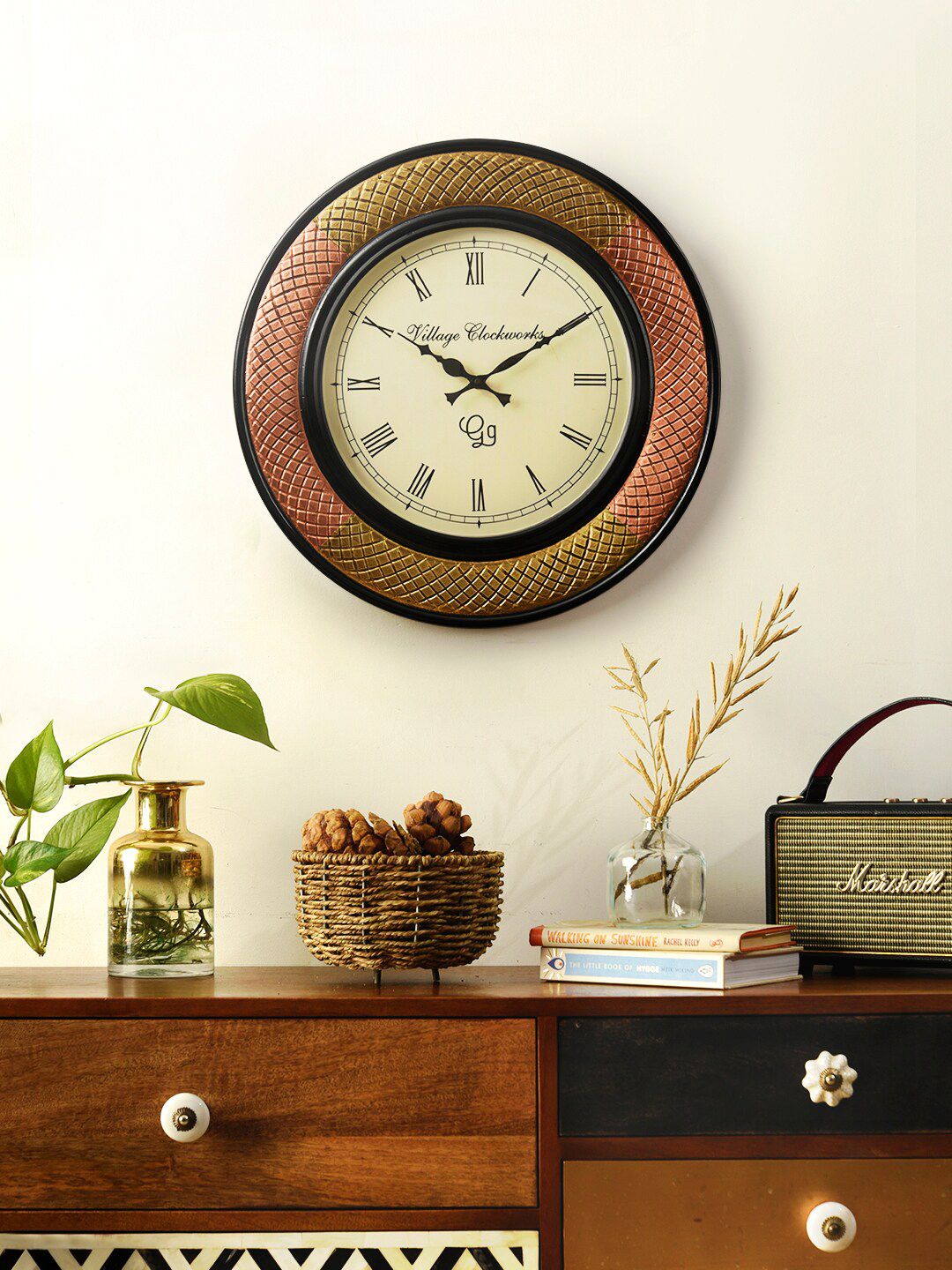 green girgit Black & Gold-Toned Textured Contemporary Wall Clock Price in India