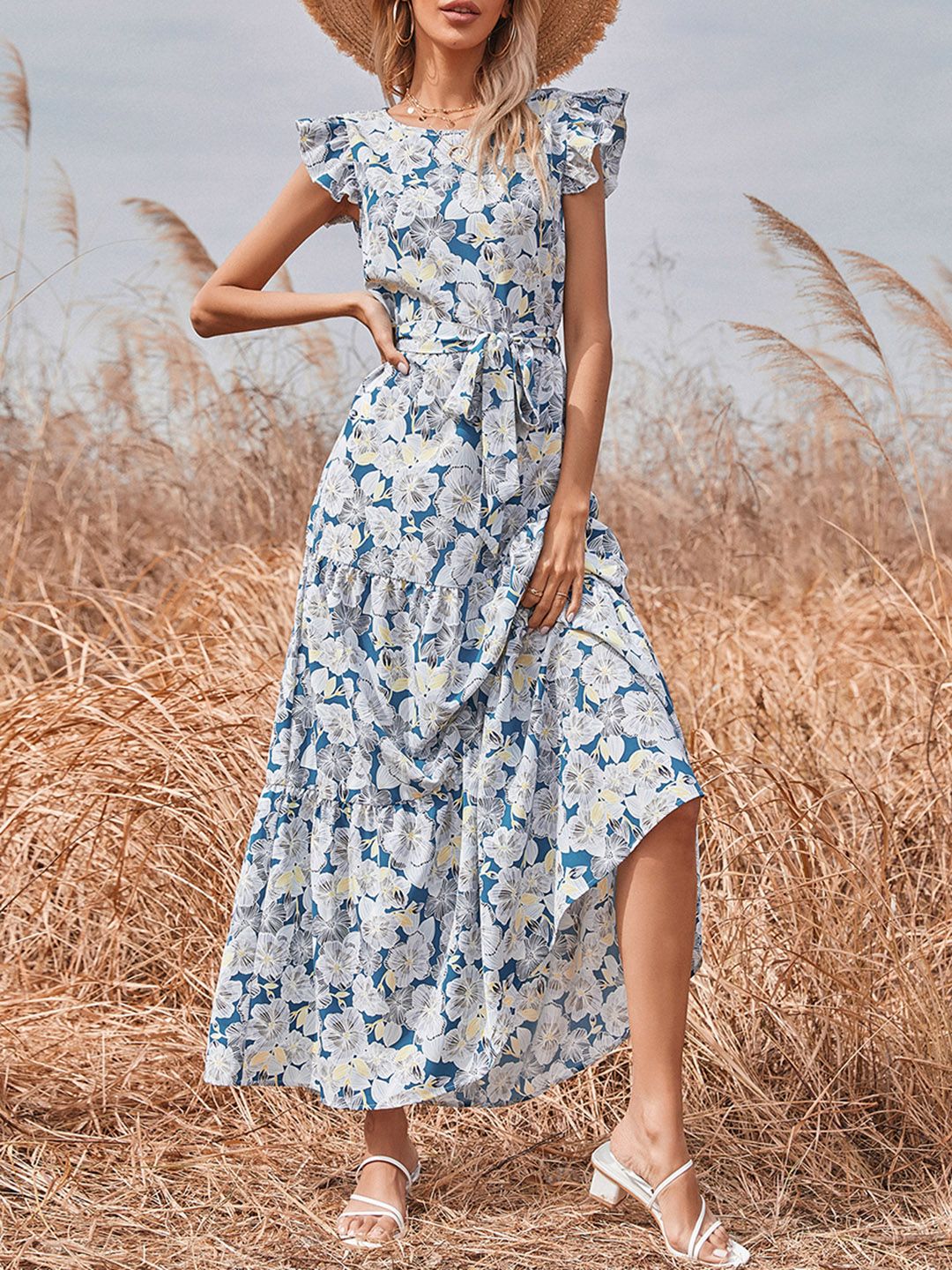 URBANIC Blue & White Floral Print Tiered Maxi Dress with Belt Price in India