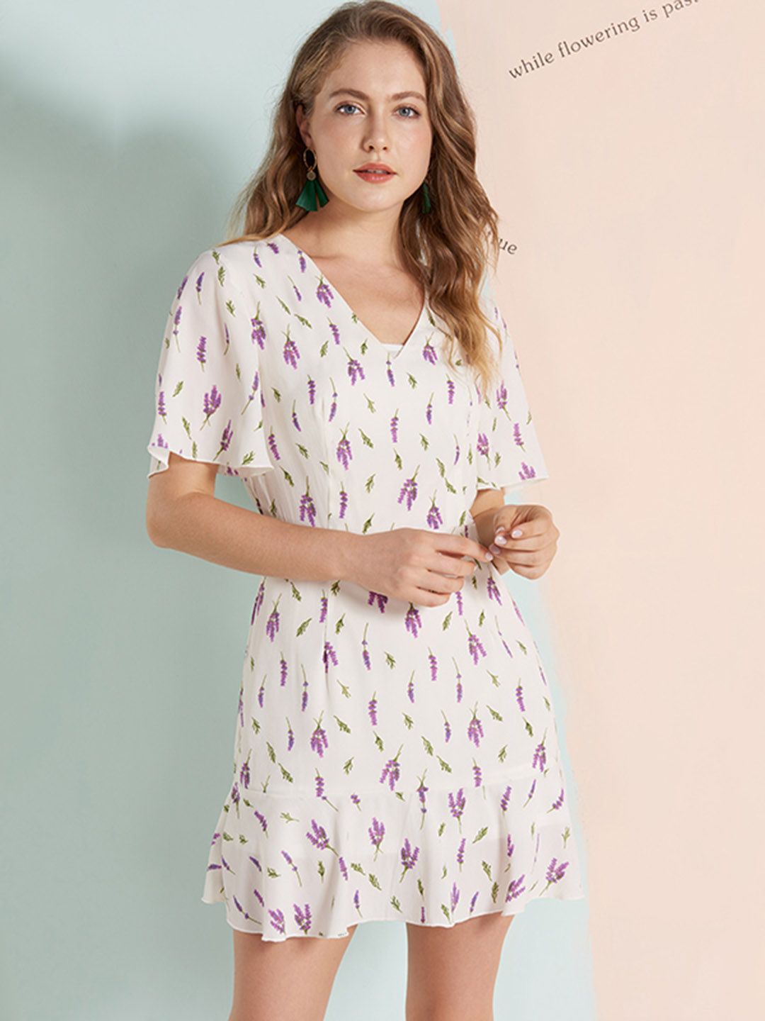 URBANIC White & Lavender Floral Print Mini Pleated Detail A-Line Dress Price in India