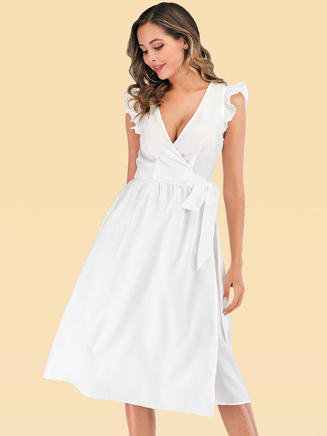 URBANIC White Solid Midi Wrap Dress with Tie-Ups Price in India