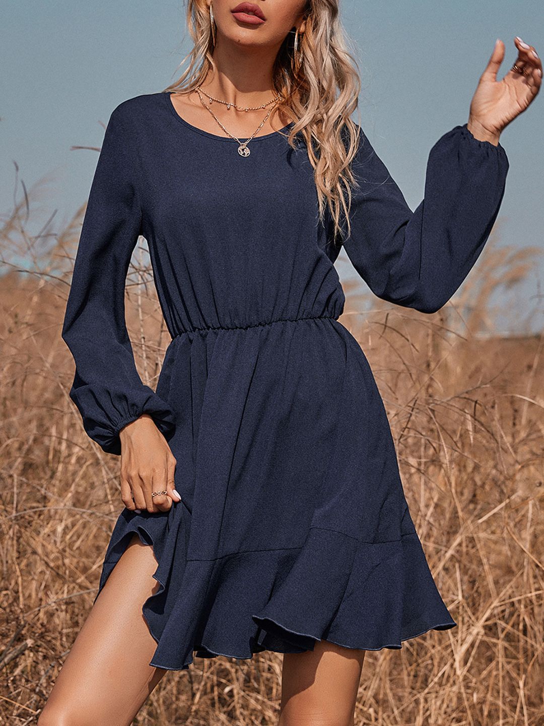 URBANIC Navy Blue Solid Fit Flare Dress Price in India