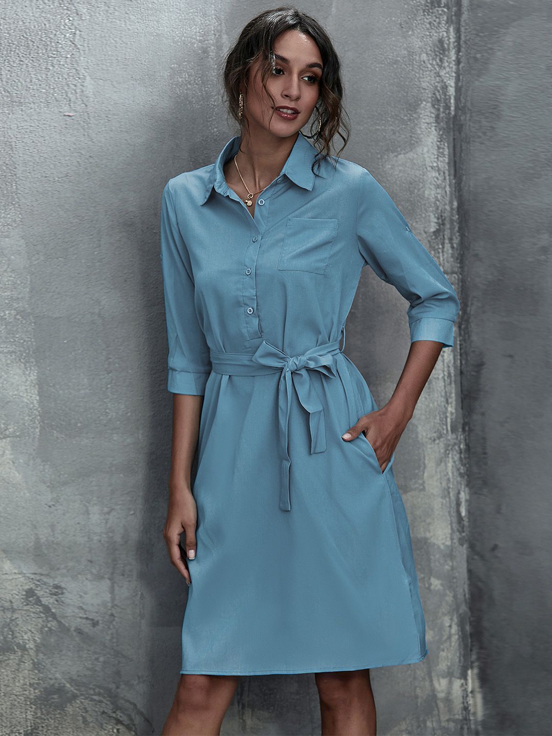 URBANIC Blue Solid Shirt Dress with Belt Price in India