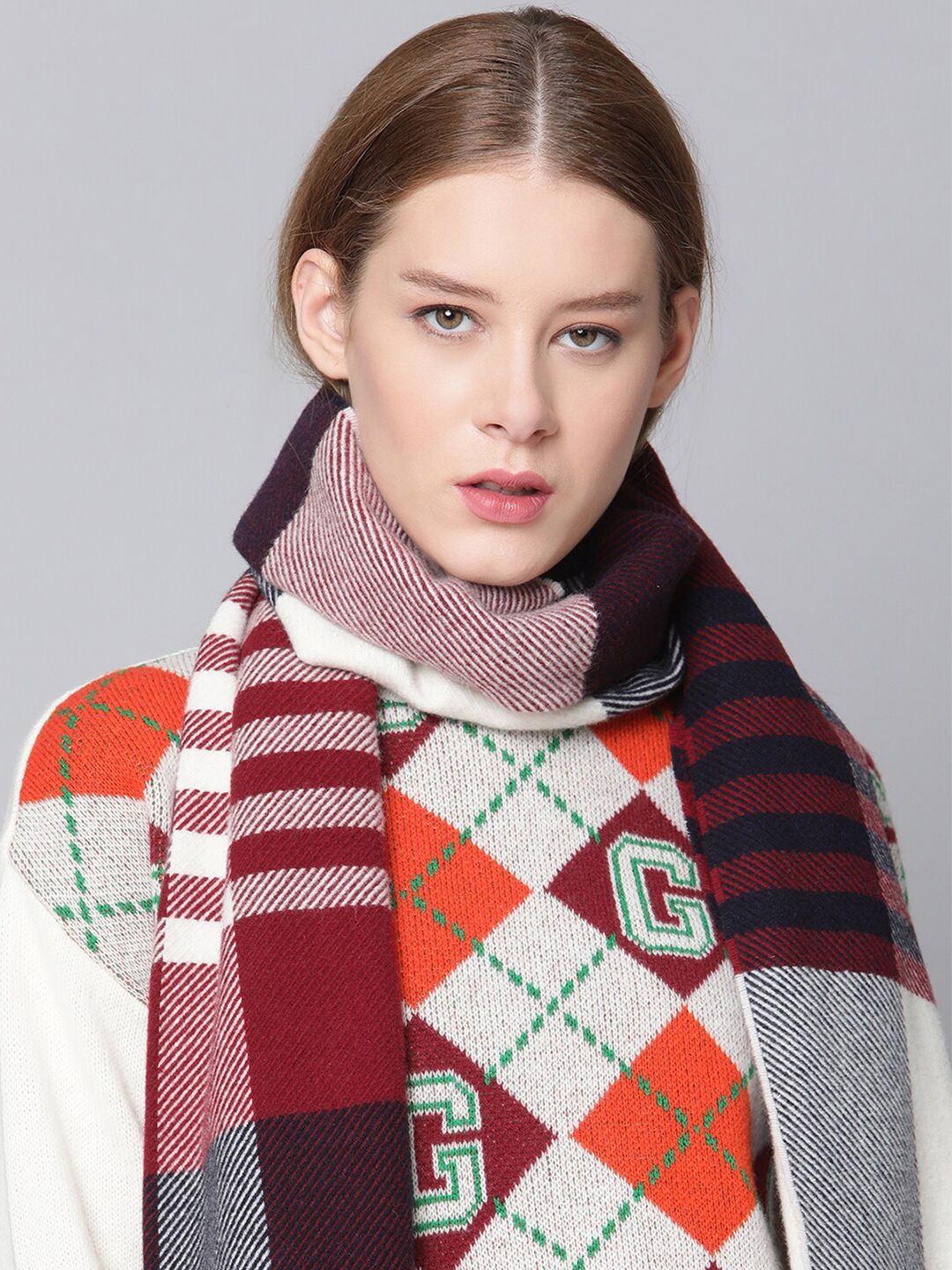 GANT Women Maroon & White Checked Pure Woollen Scarf Price in India