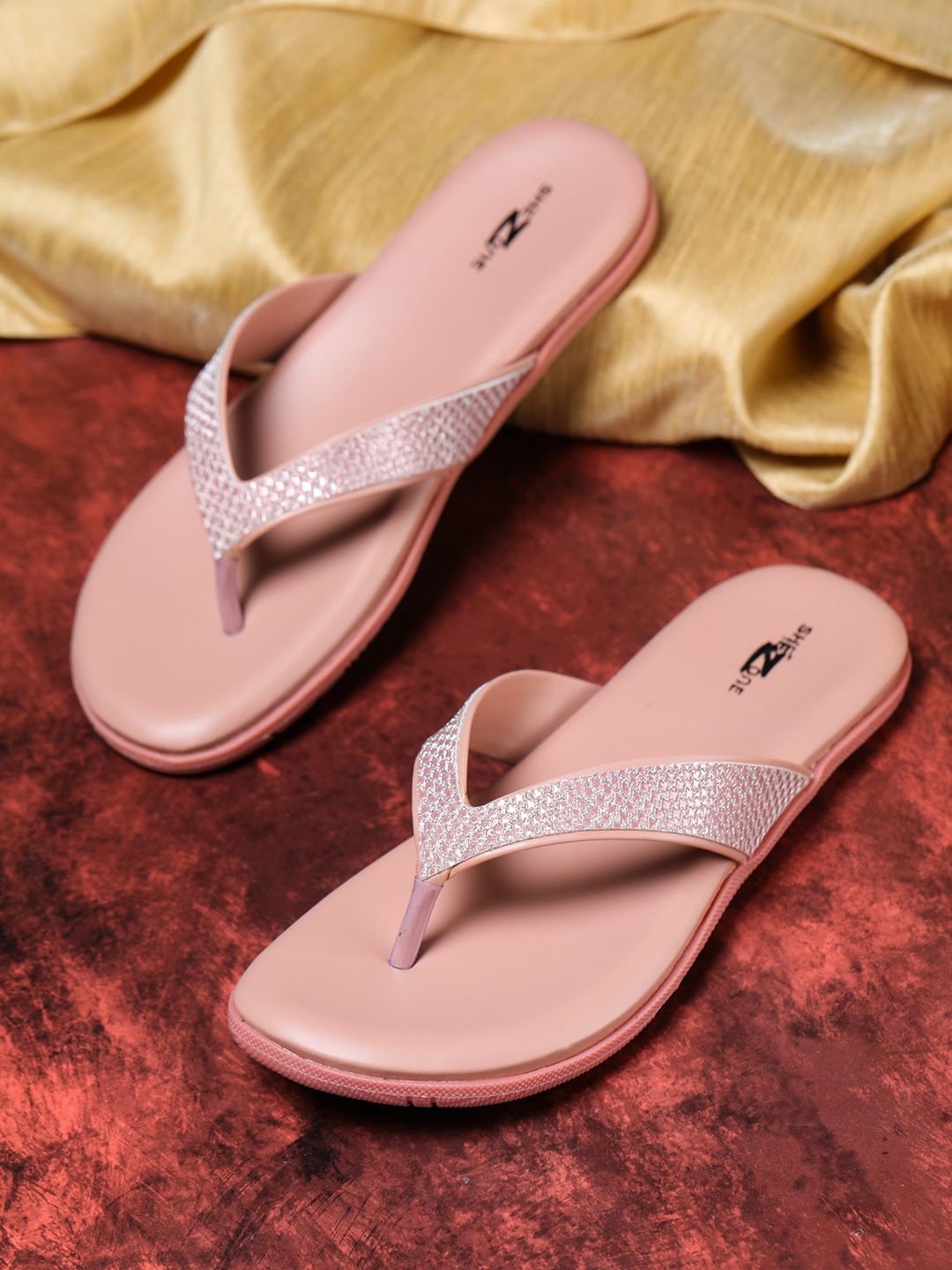 Shezone Women Peach-Coloured Embellished Open Toe Flats Price in India