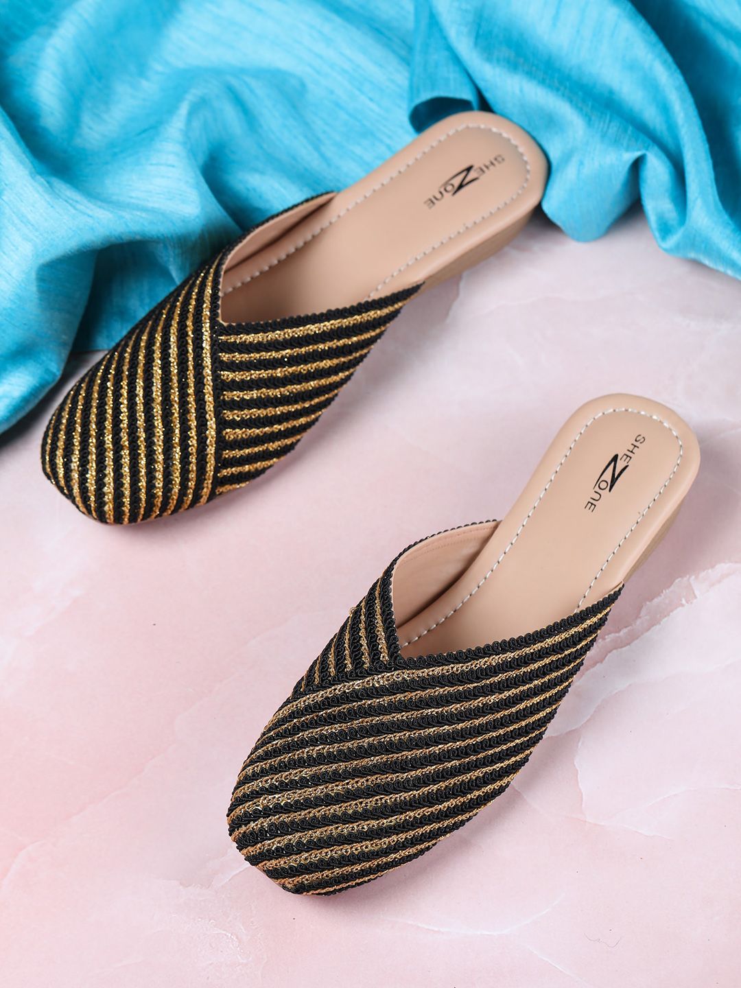 Shezone Women Black & Gold-Toned Striped Mules Price in India