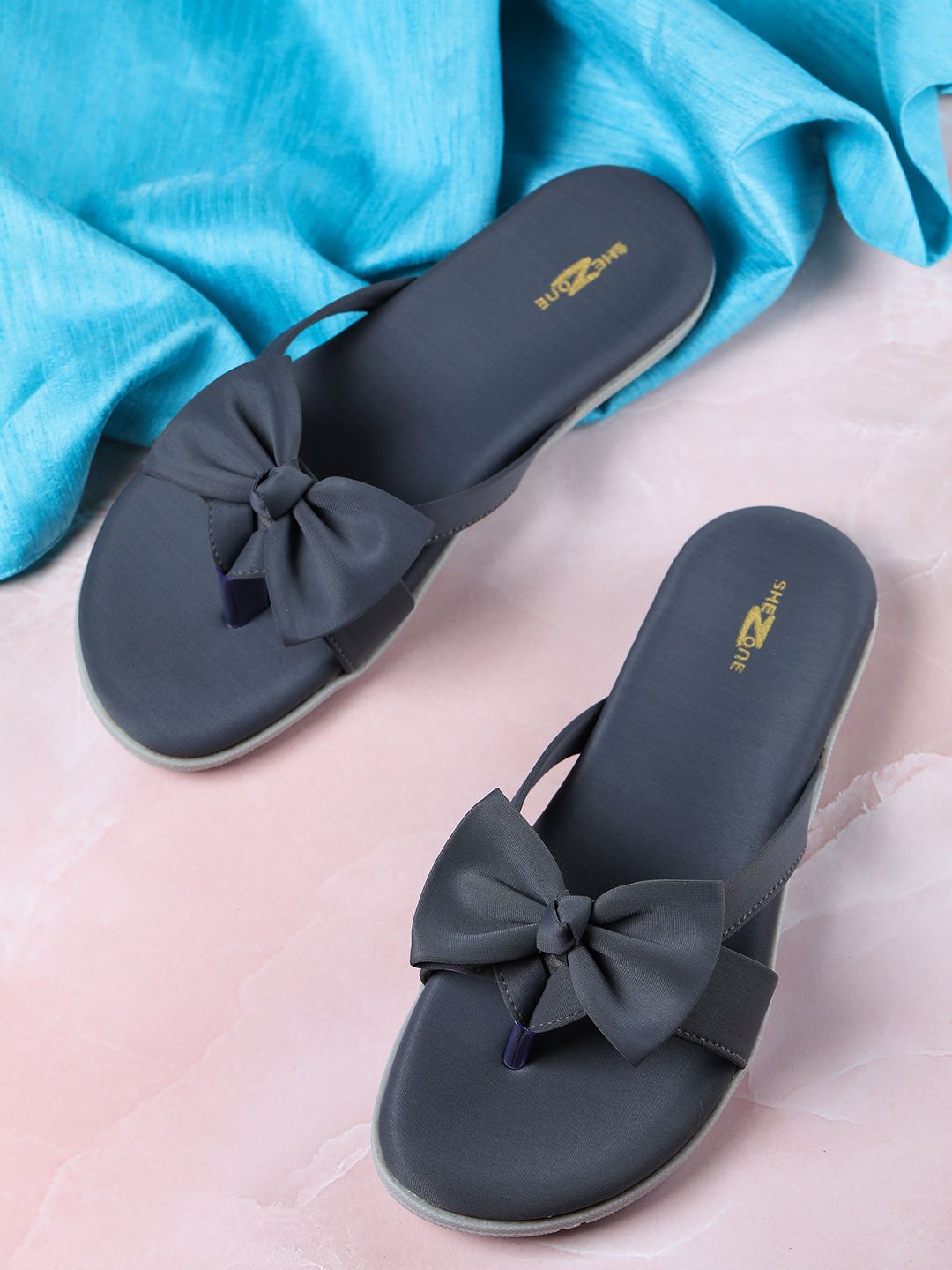 Shezone Women Charcoal Open Toe Flats with Bows Price in India