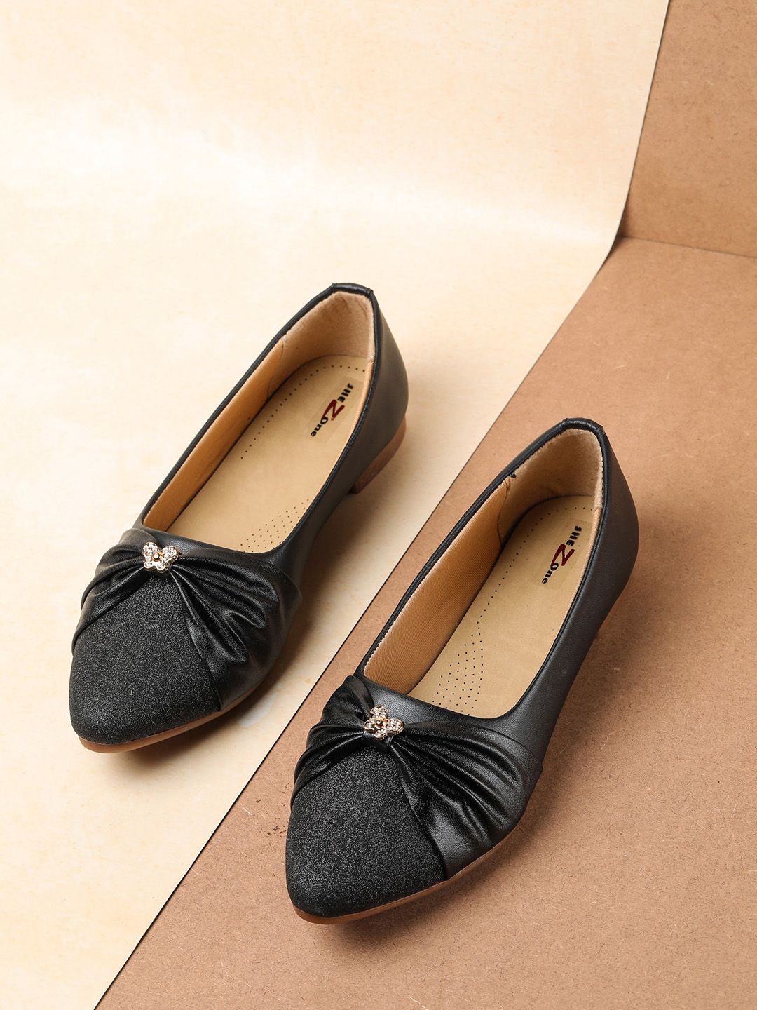 Shezone Women Black Embellished Ballerinas Bows Flats Price in India