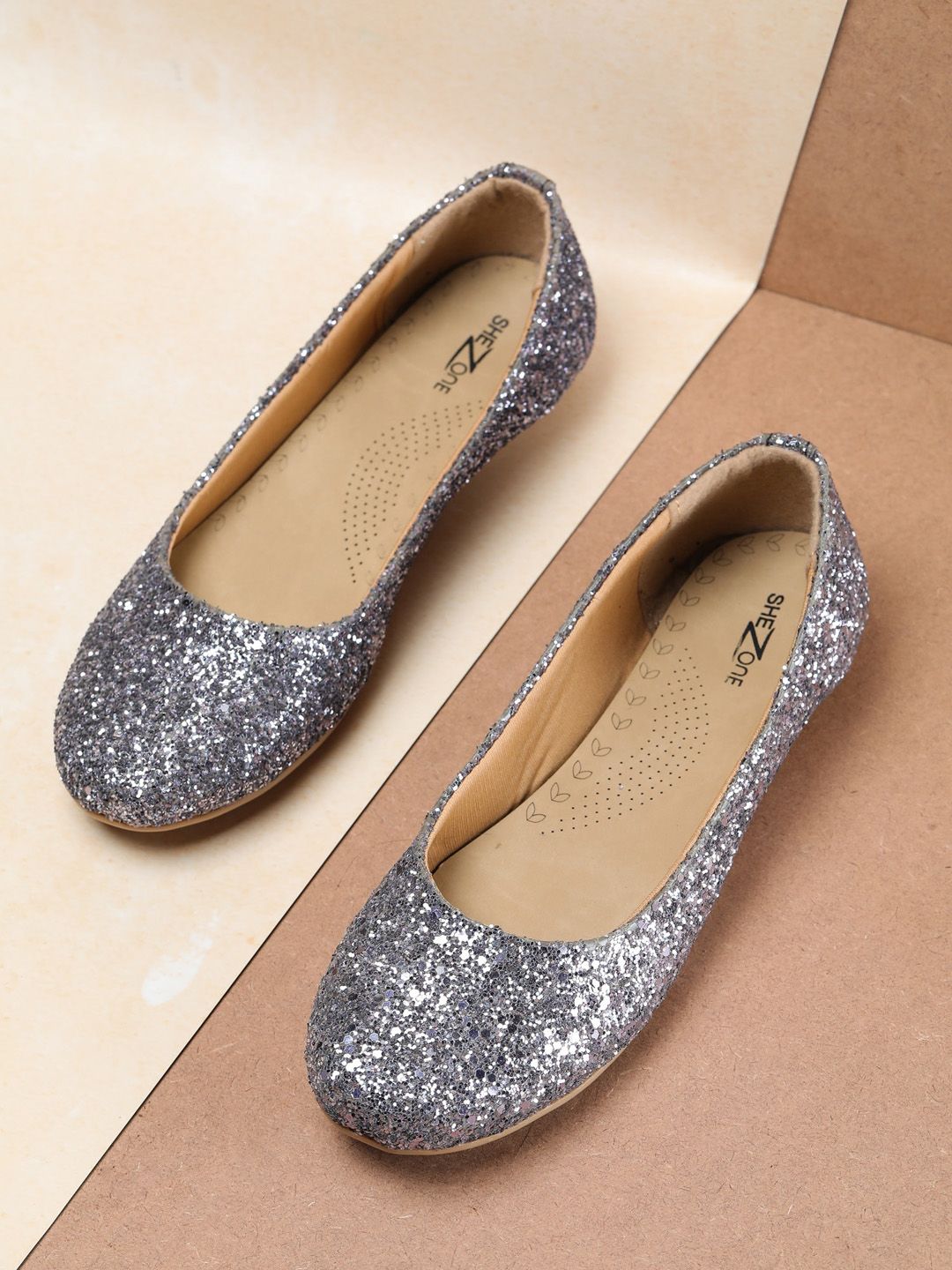 Shezone Women Grey Embellished Leather Party Ballerinas