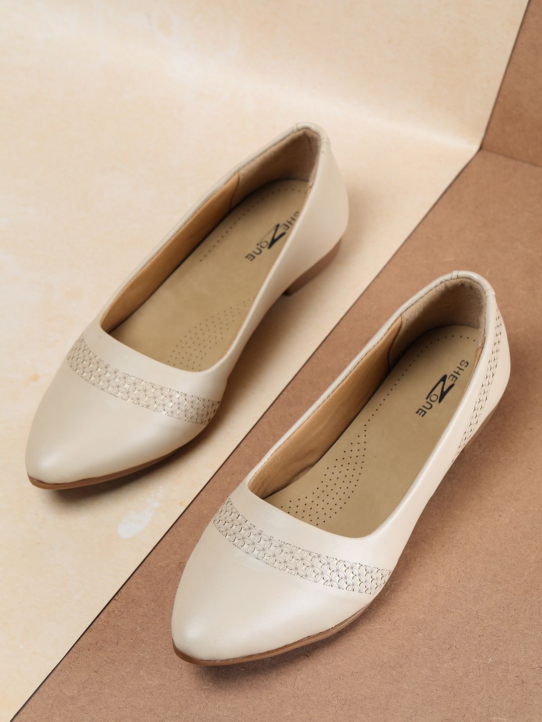 Shezone Women Cream-Coloured Textured Ballerinas Flats