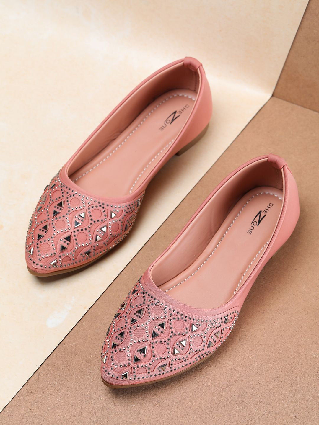 Shezone Women Peach-Coloured Embellished Ballerinas Flats Price in India