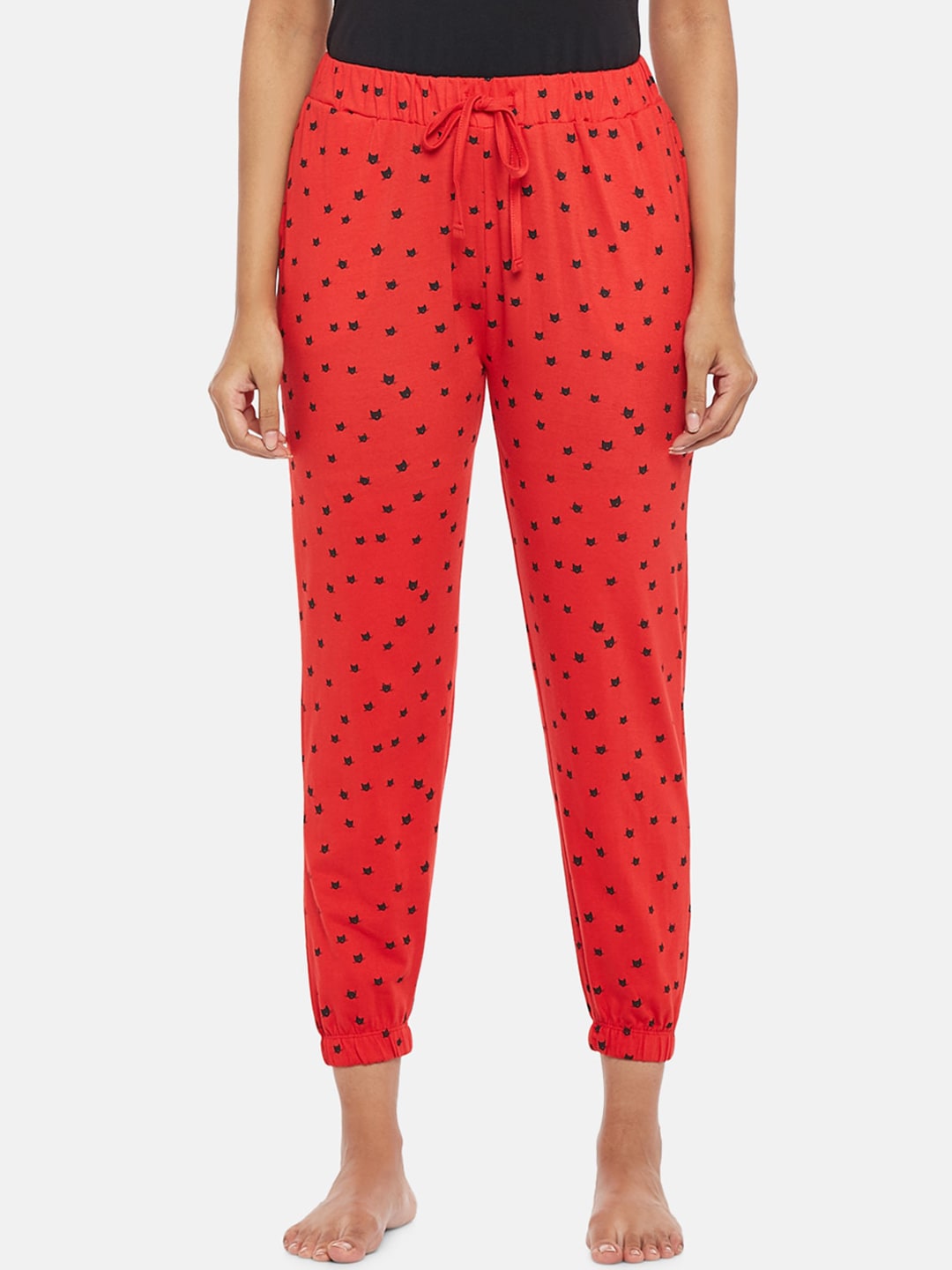 People Women Red & Black Printed Pure Cotton Lounge Pants Price in India