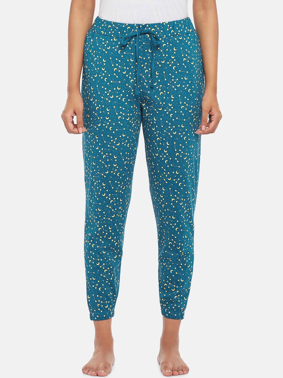 People Women Teal Green & Yellow Printed Jogger Lounge Pants Price in India