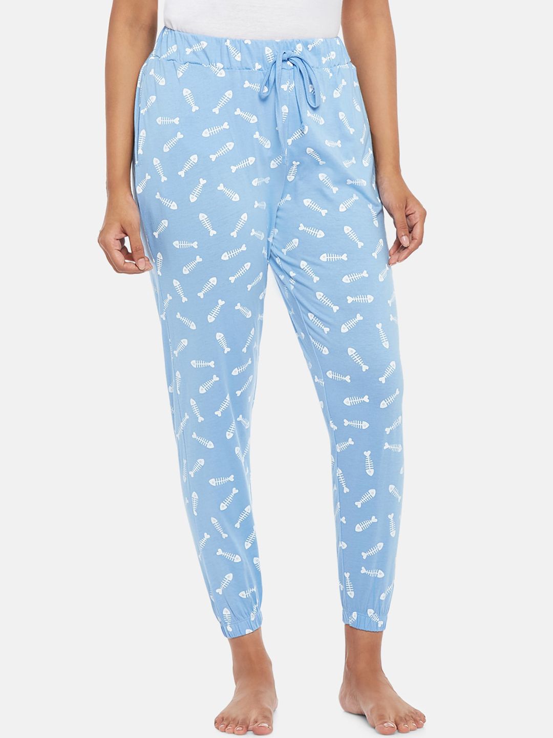 People Blue & White Printed Pure Cotton Lounge Pants Price in India