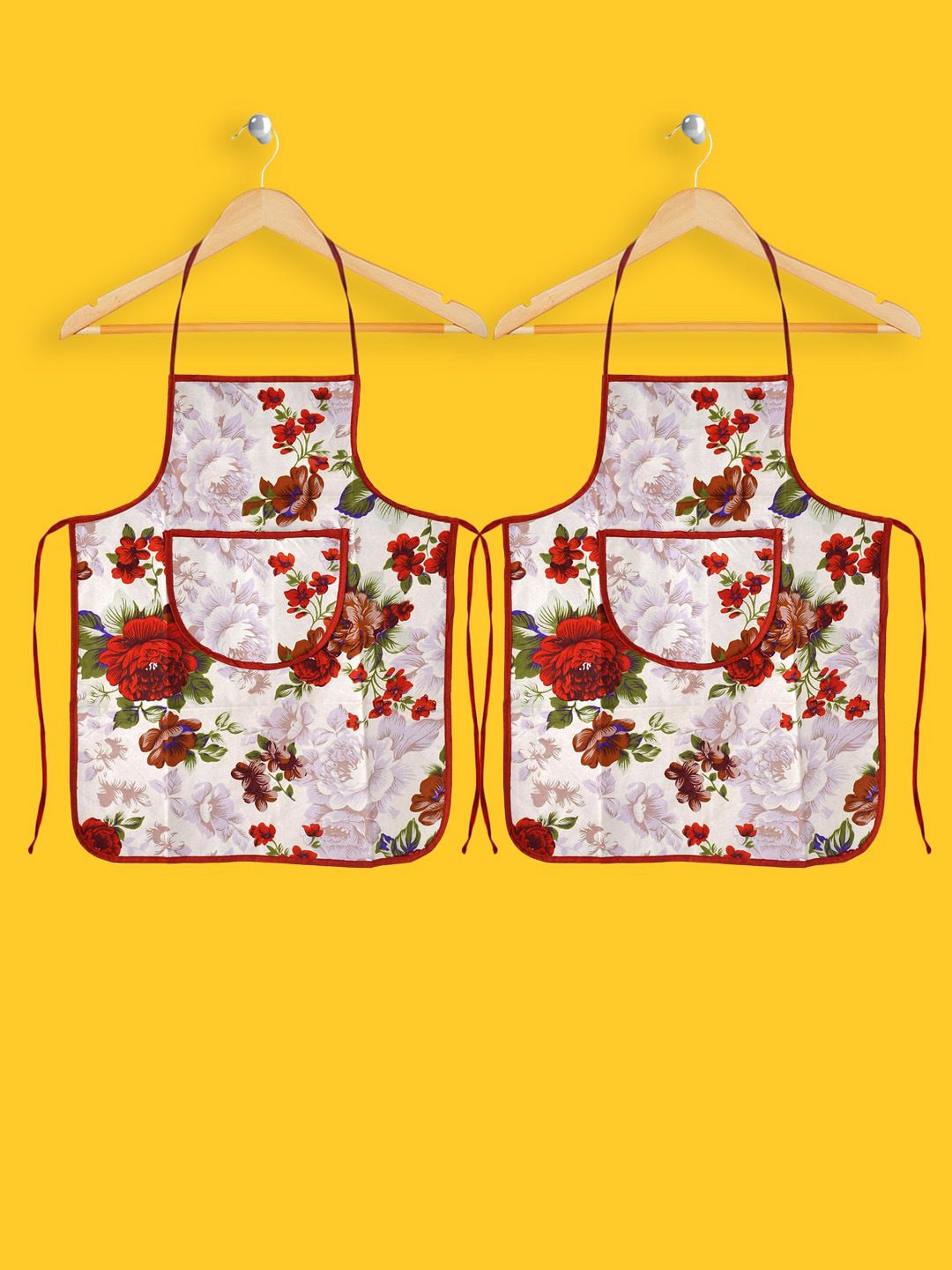 Kuber Industries Set Of 2 Red & White Flower Printed Cotton Apron With 1 Front Pocket Price in India