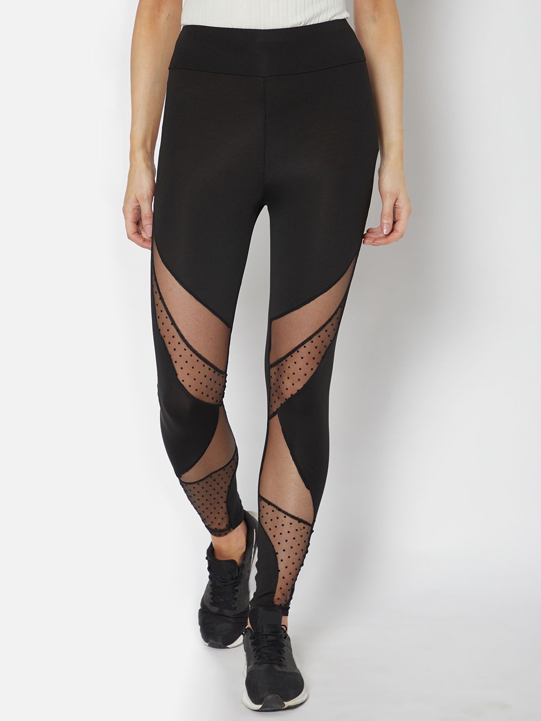URBANIC Women Black Mesh Panelled Solid High-Rise Gym Tights Price in India