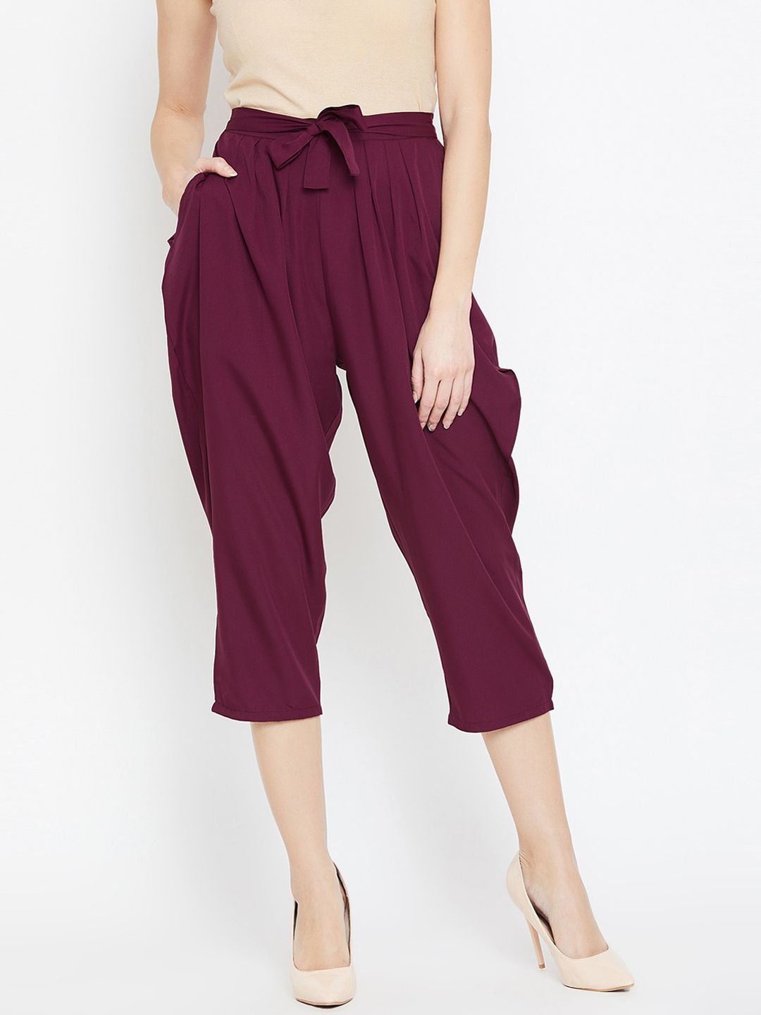 Bitterlime Women Burgundy Relaxed Loose Fit Easy Wash Pleated Culottes Price in India