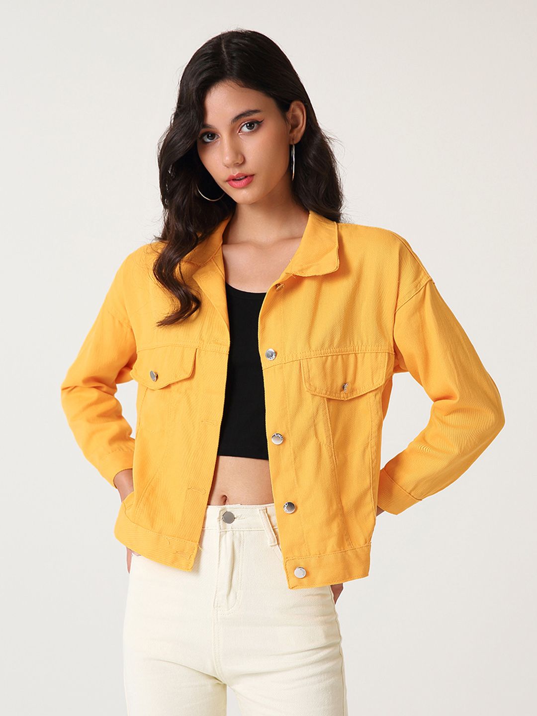 URBANIC Women Yellow Cotton Solid Trucker Denim Jacket with Embroidered Detail Price in India