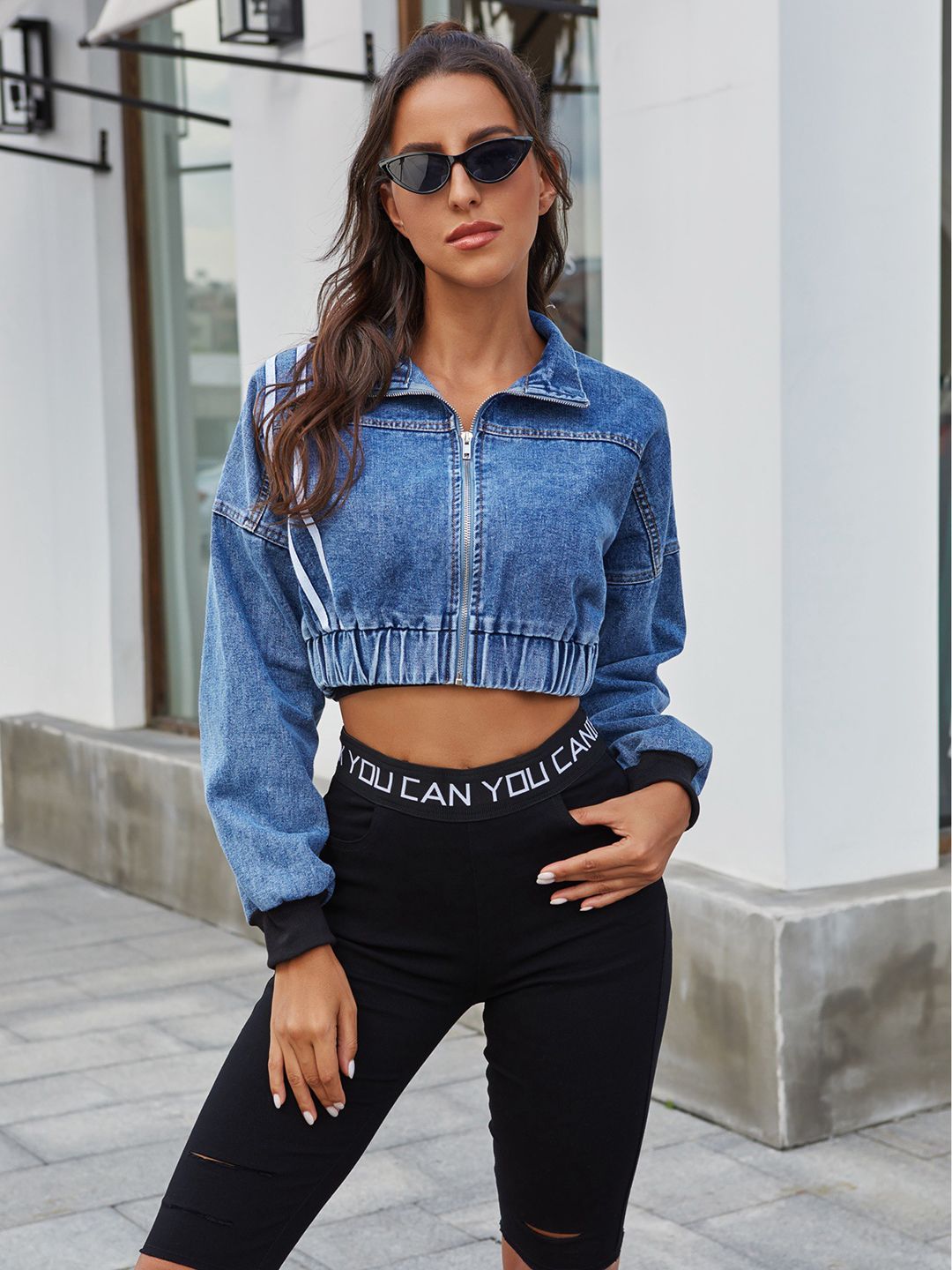 URBANIC Women Blue Solid Crop Denim Jacket Price in India