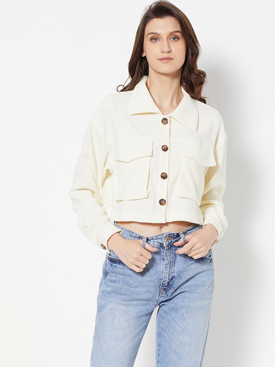 URBANIC Women Off White Solid Cropped Jacket Price in India