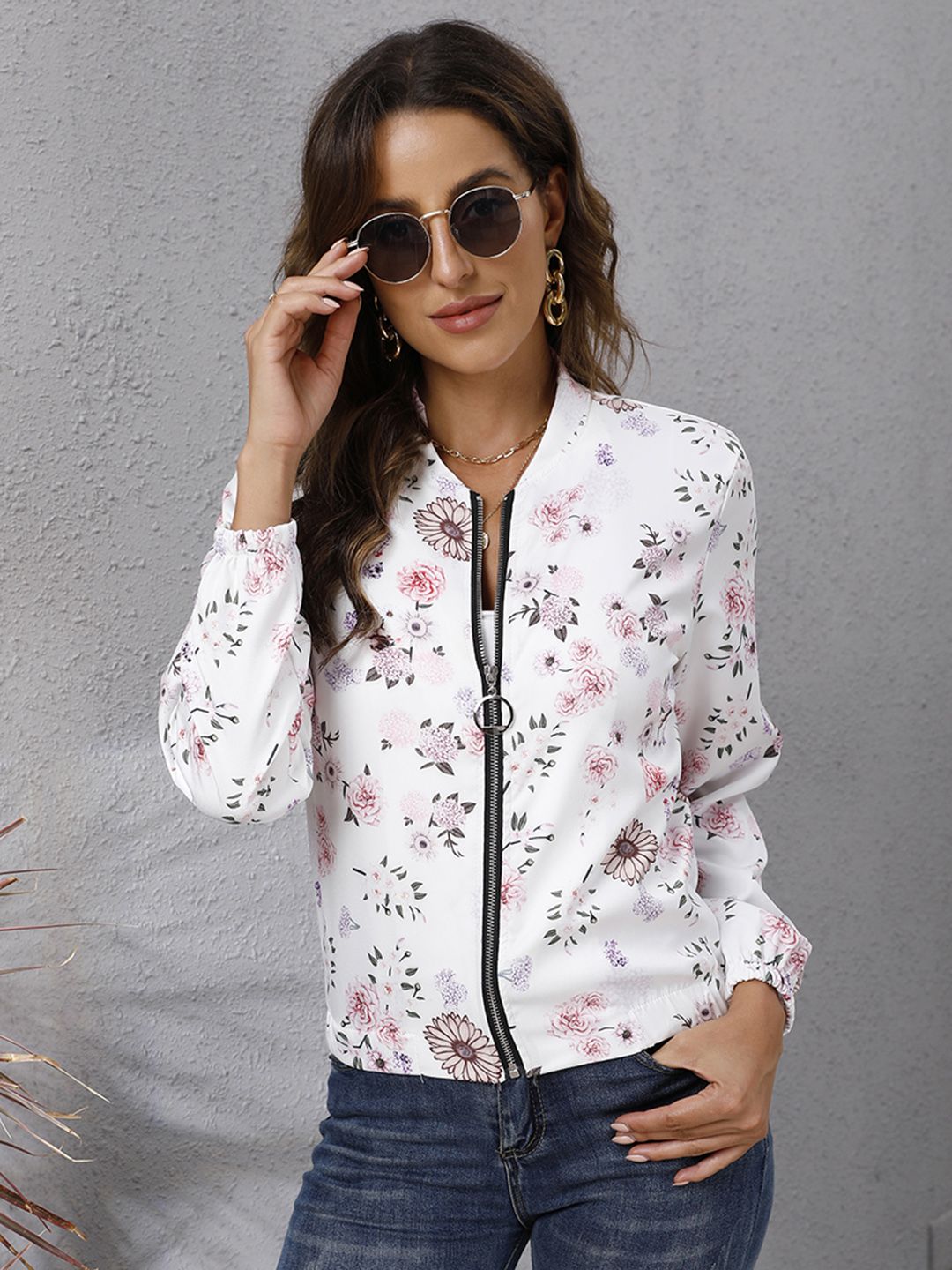 URBANIC Women White & Pink Floral Print Bomber Jacket Price in India