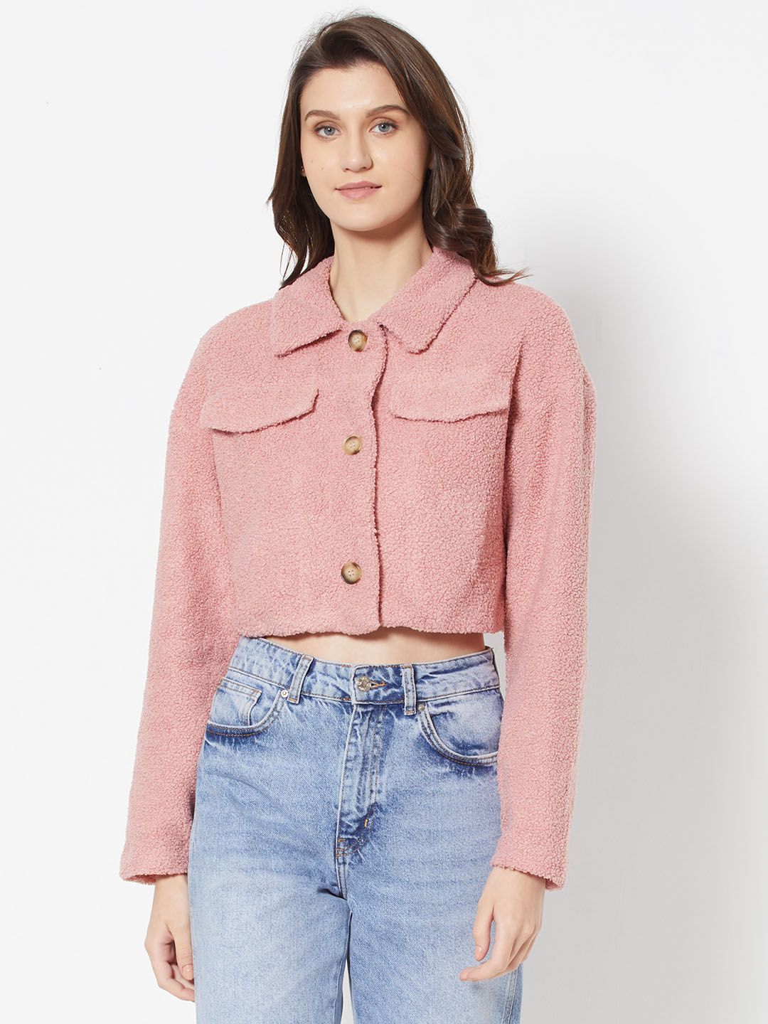 URBANIC Women Dusty Pink Solid Boucle Cropped Jacket Price in India