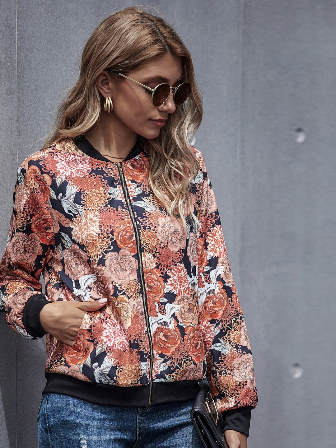 URBANIC Women Orange & White Floral Print Bomber Jacket Price in India