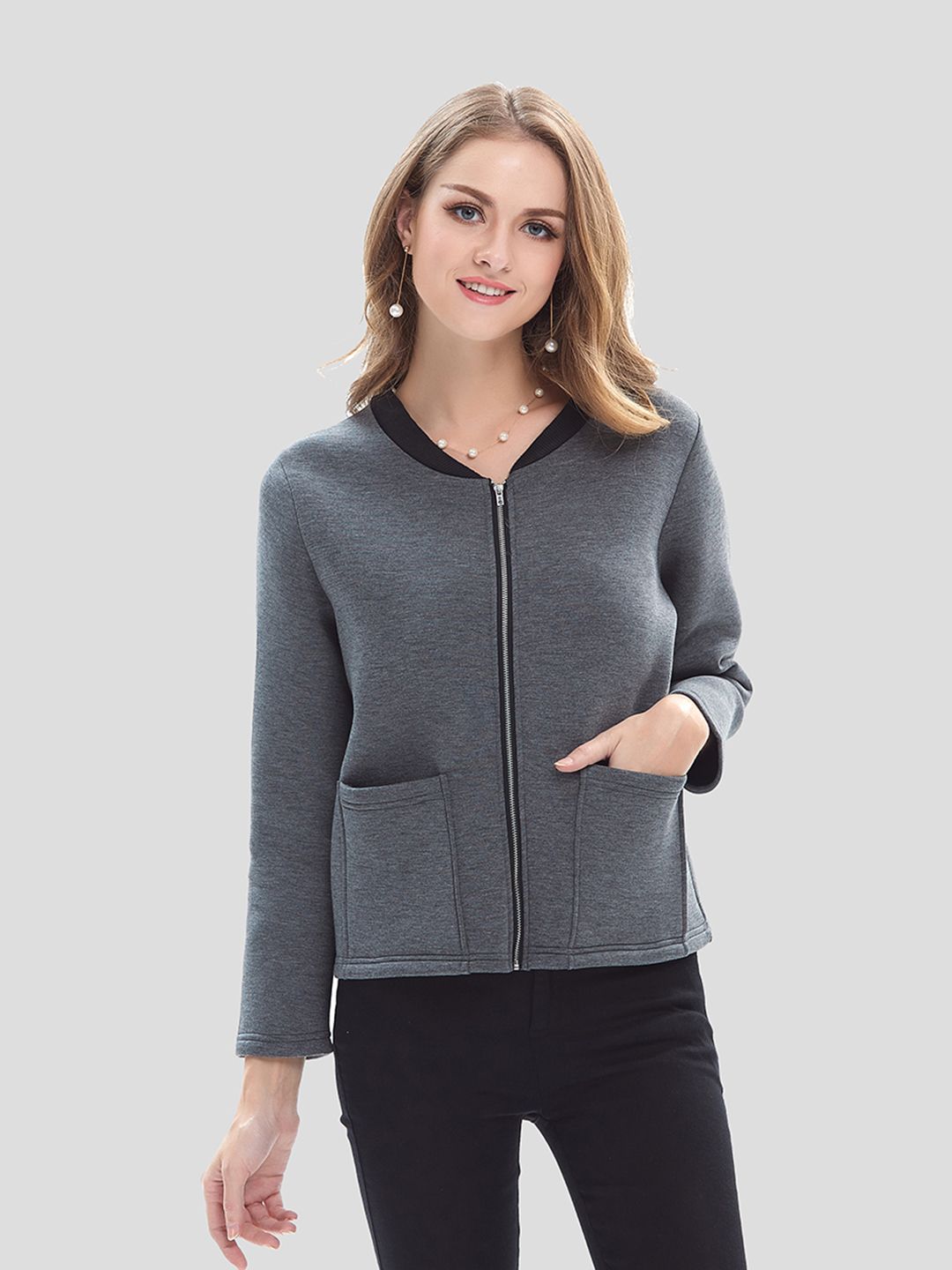 URBANIC Women Charcoal Grey Solid Tailored Jacket Price in India