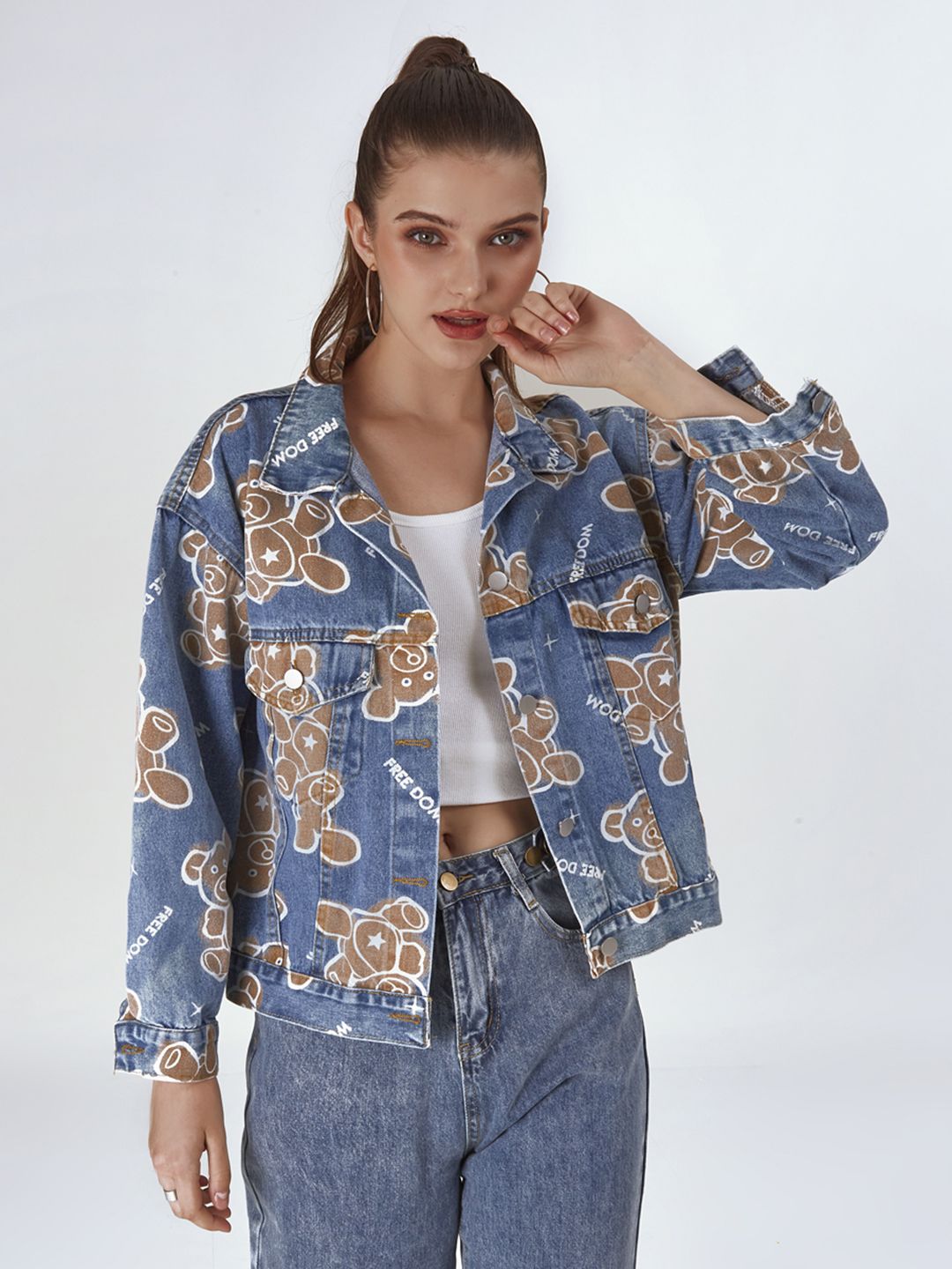 URBANIC Women Navy Blue & Brown Cotton Conversational Print Denim Jacket Price in India