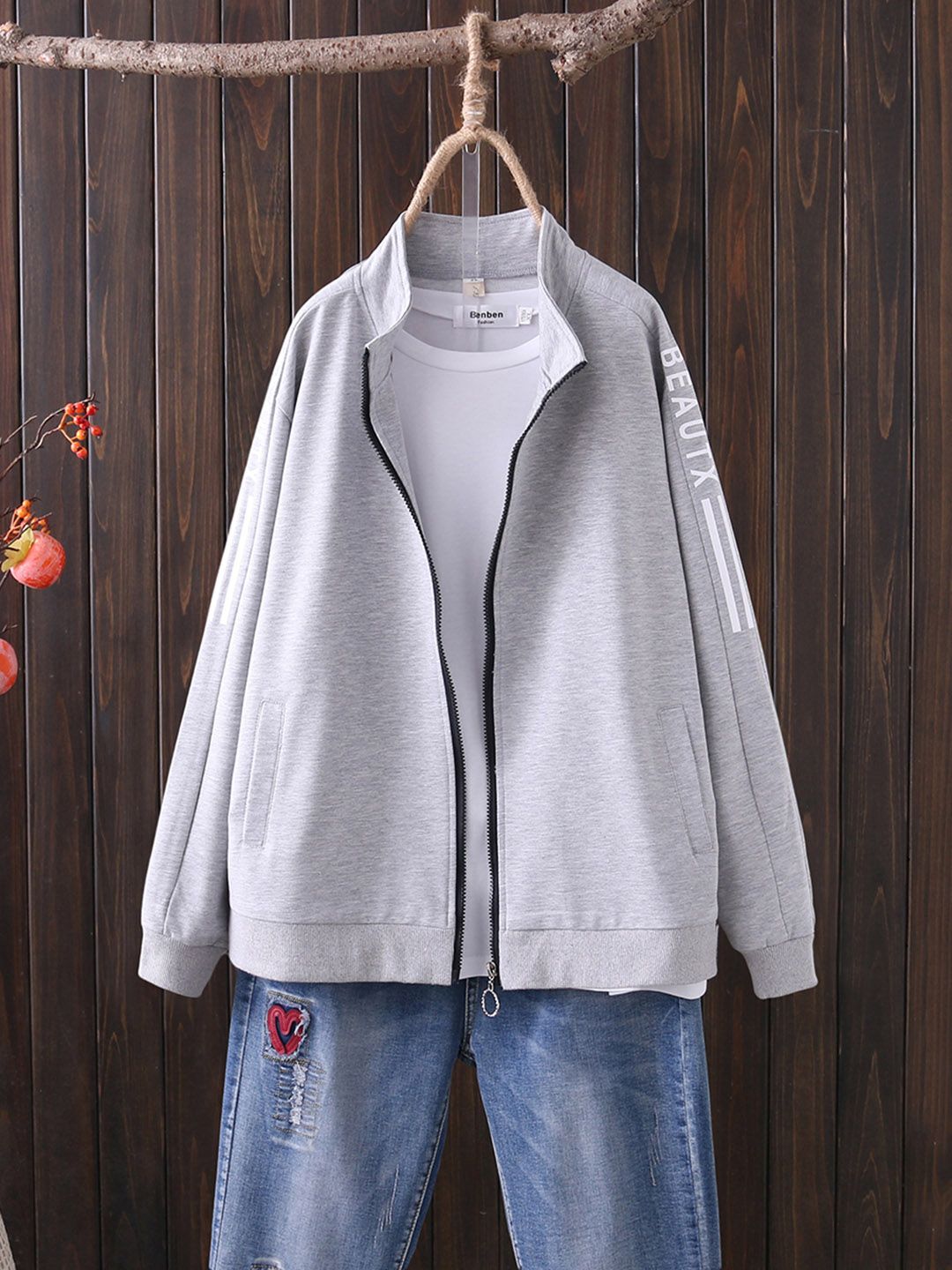 URBANIC Women Plus Size Grey Melange Solid Tailored Jacket with Typography Print Detail Price in India