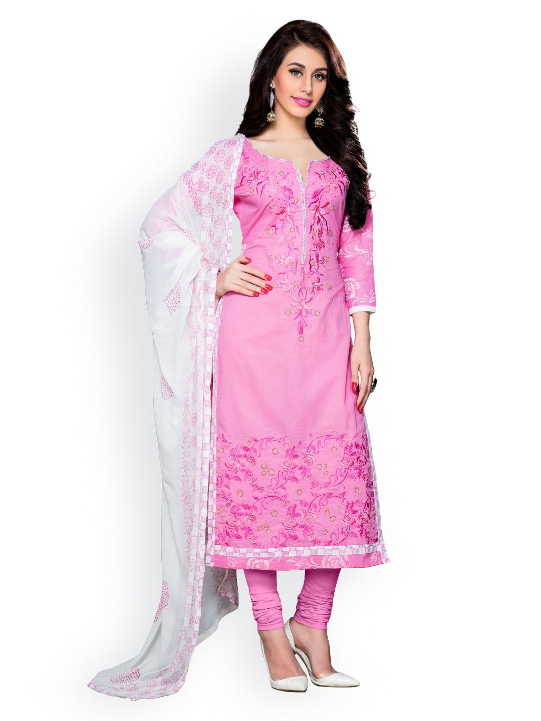 Blissta Pink Embroidered Cotton Unstitched Dress Material Price in India