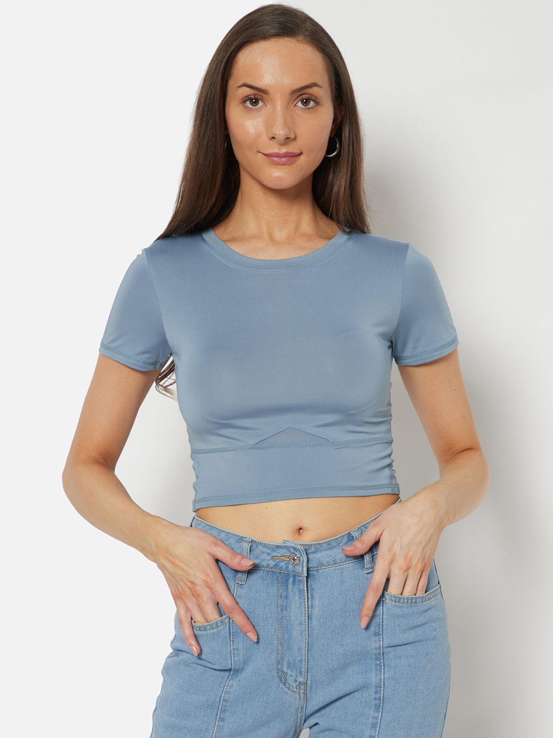 URBANIC Women Blue Solid Cropped T-shirt Price in India