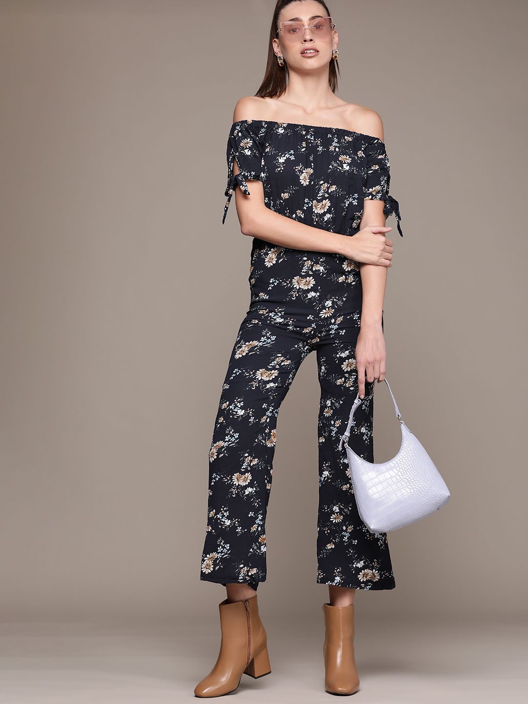 URBANIC Navy Blue & Green Off-Shoulder Floral Printed Basic Jumpsuit Price in India