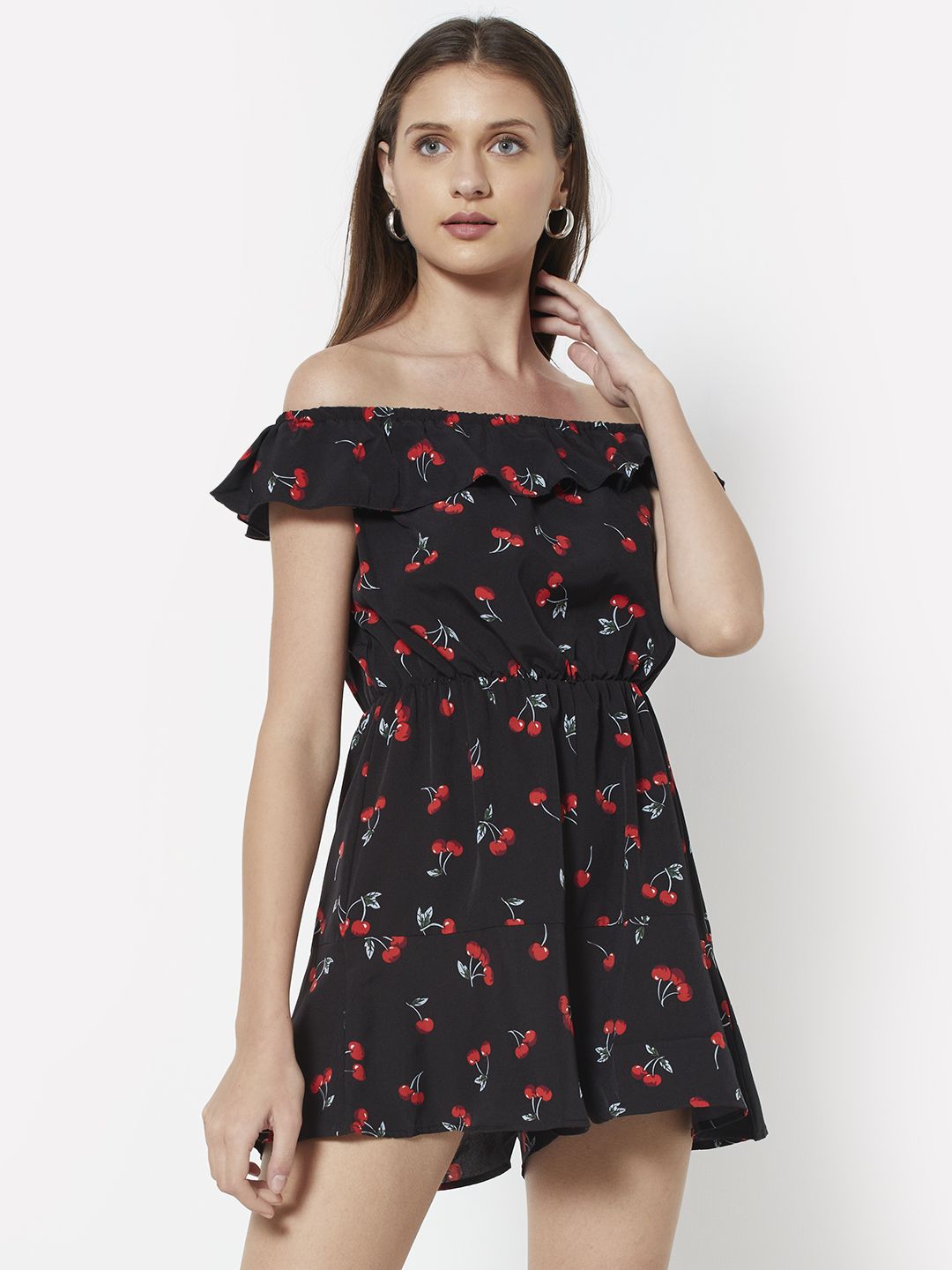 URBANIC Women Black & Red Off-Shoulder Conversational Printed Jumpsuit with Ruffles Detail Price in India
