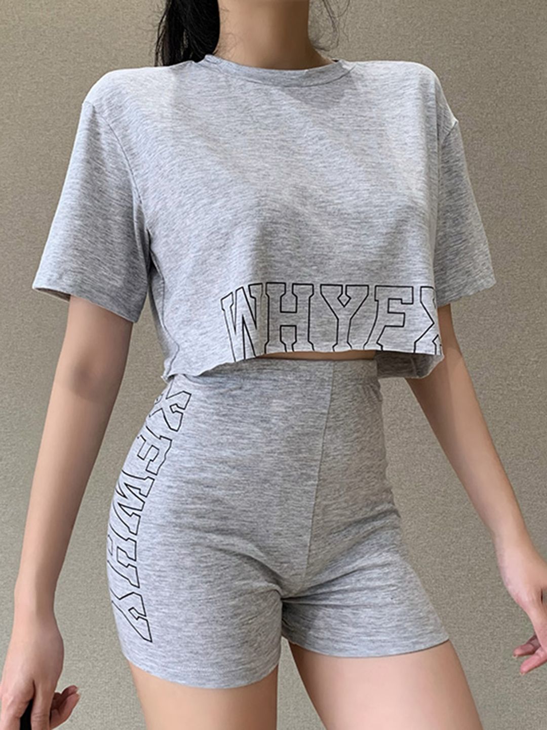 URBANIC Women Grey Melange & Black Printed Raw Hem Clothing Set