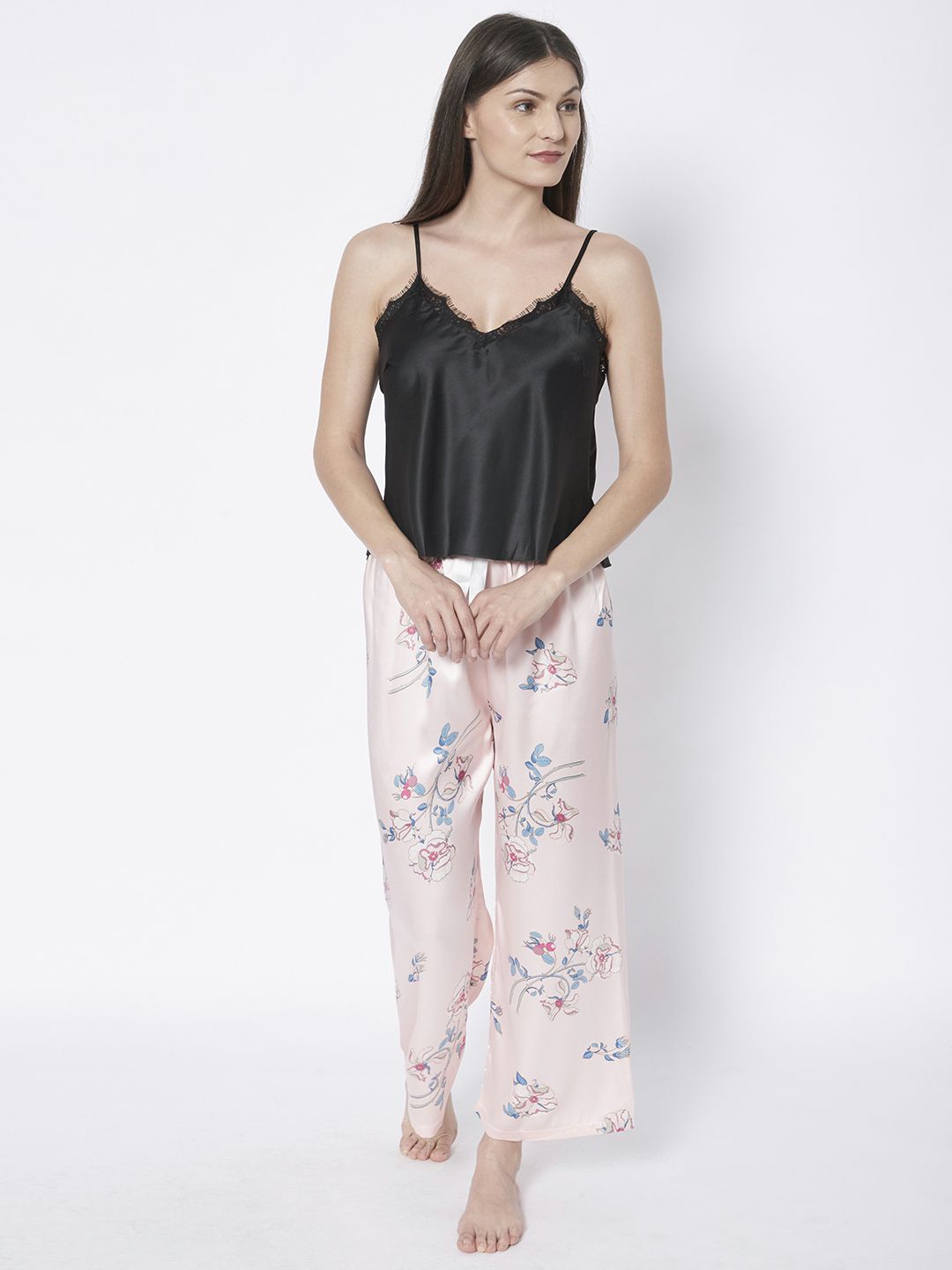 URBANIC Women Black & Pink Satin Finish Pyjama Set Price in India