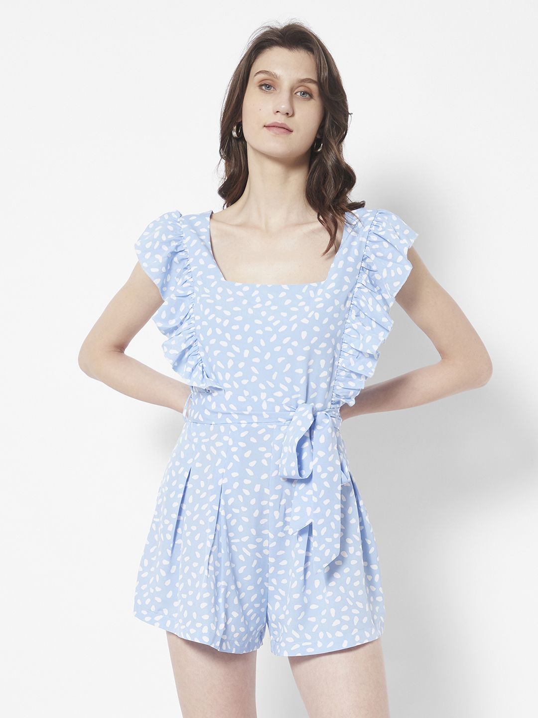 URBANIC Blue & White Abstract Printed with Ruffles Playsuit Comes with a Belt Price in India