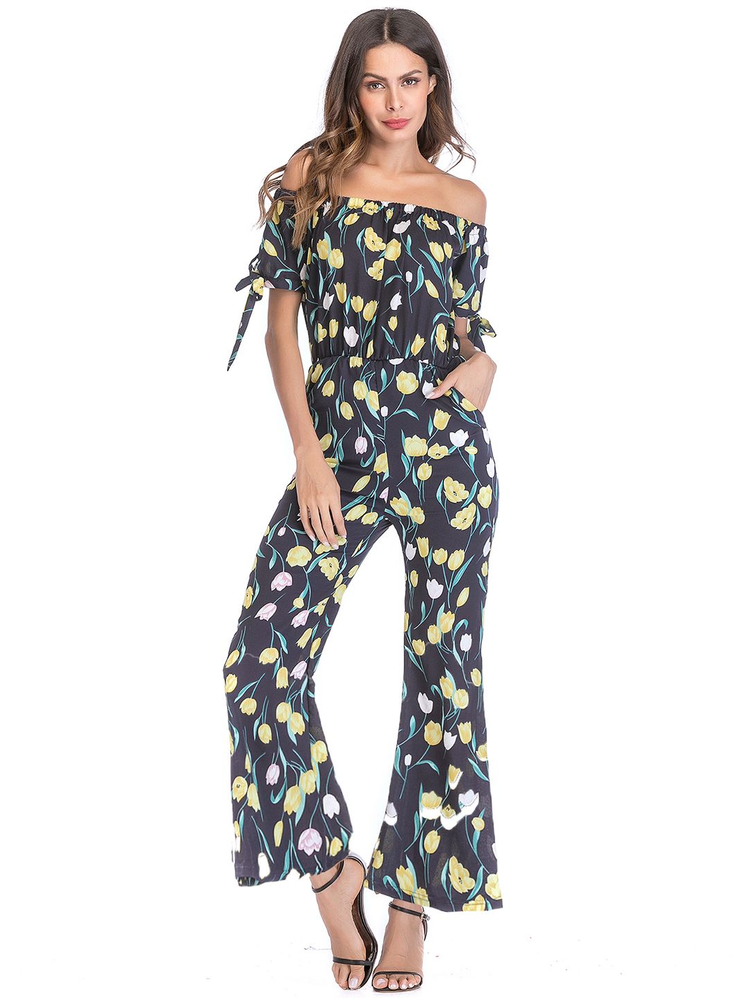 URBANIC Navy Blue & Yellow Off-Shoulder Printed Basic Jumpsuit Price in India