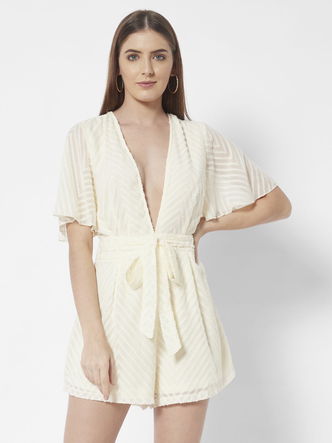 URBANIC Off White Self-Design Plunge V-Neck Playsuit with Belt Price in India