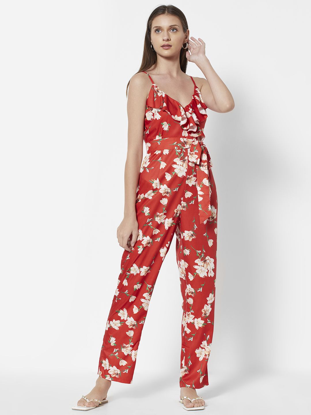 URBANIC Women Red & White Printed Basic Jumpsuit with Ruffles Detail Price in India