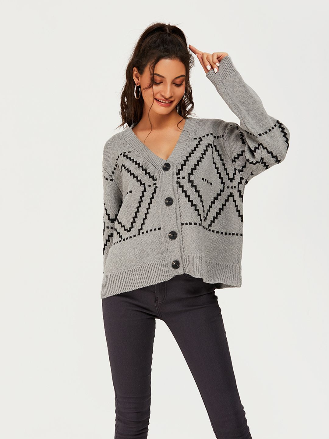 URBANIC Women Grey & Black Argyle Self-Design Cardigan Price in India