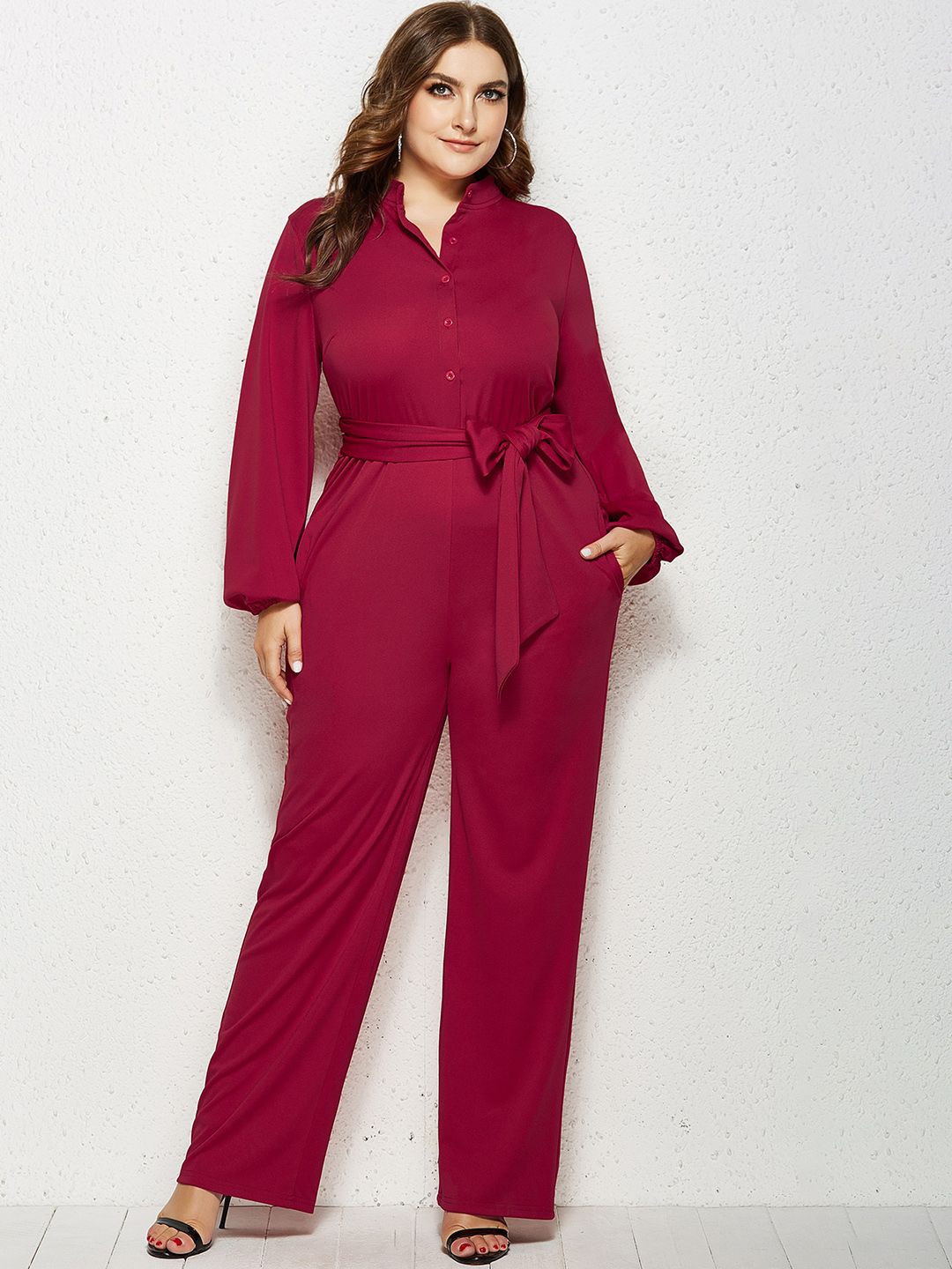 URBANIC Women Plus Size Maroon Solid Belted Jumpsuit Price in India