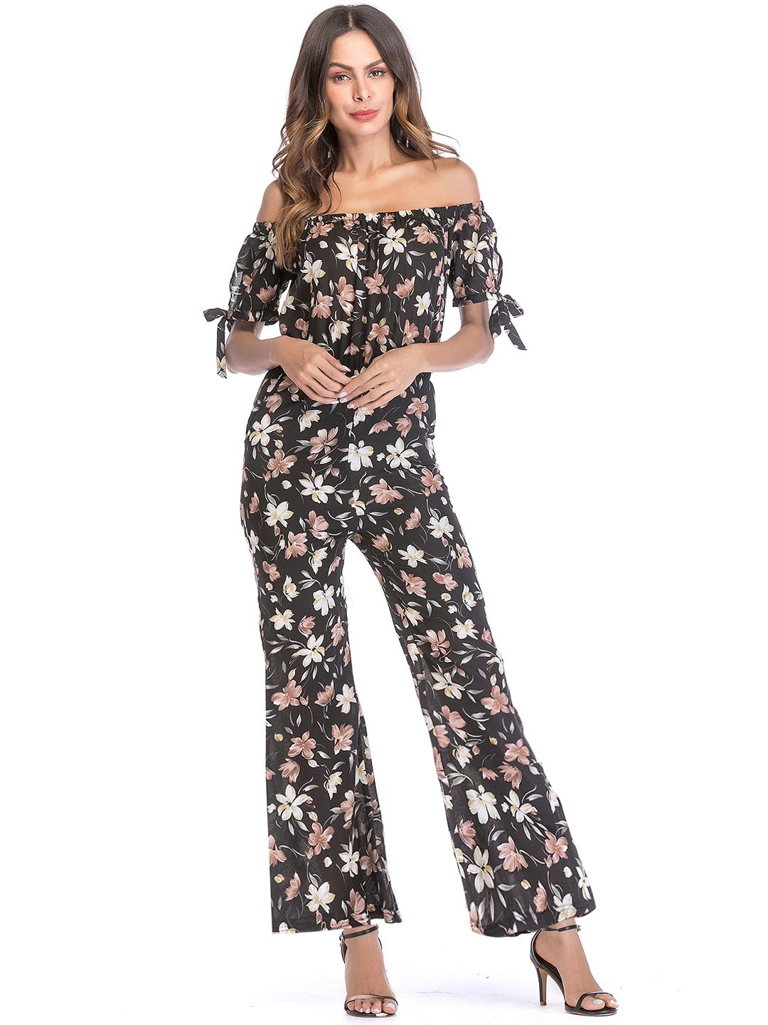 URBANIC Navy Blue & Brown Off-Shoulder Printed Basic Jumpsuit Price in India