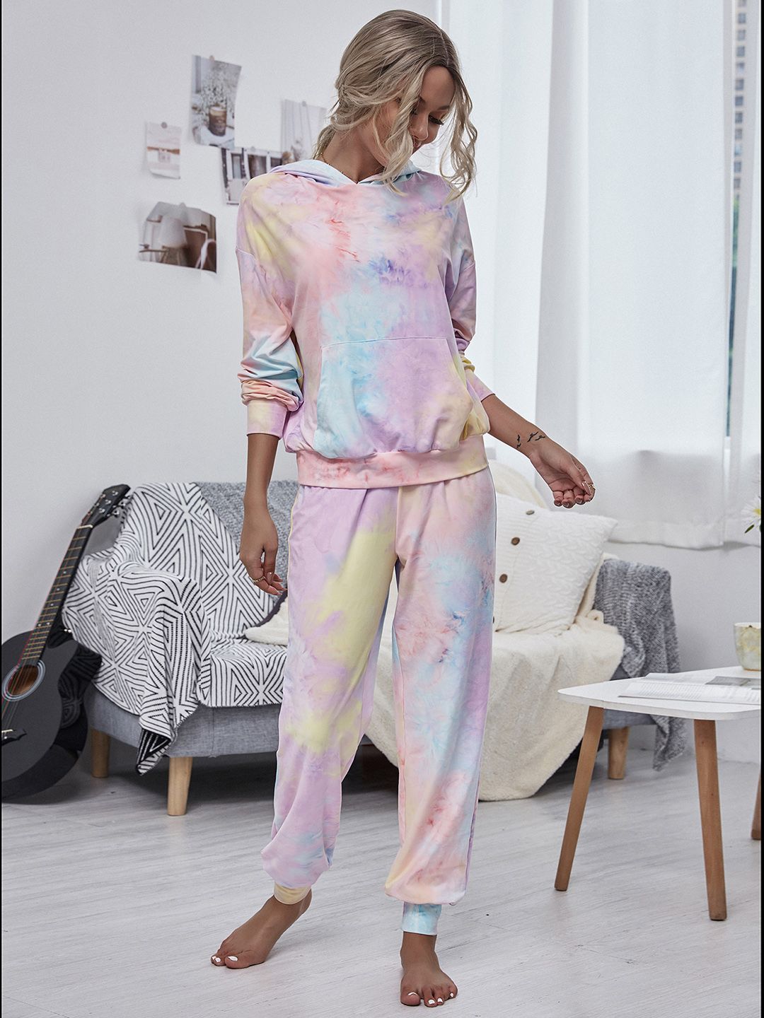 URBANIC Women Pink & Blue Dyed Pyjama Set Price in India