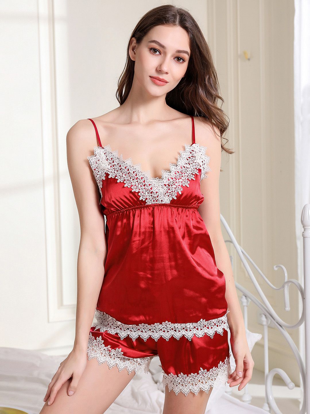 URBANIC Women Red Solid Lace Detail Nightsuit Price in India
