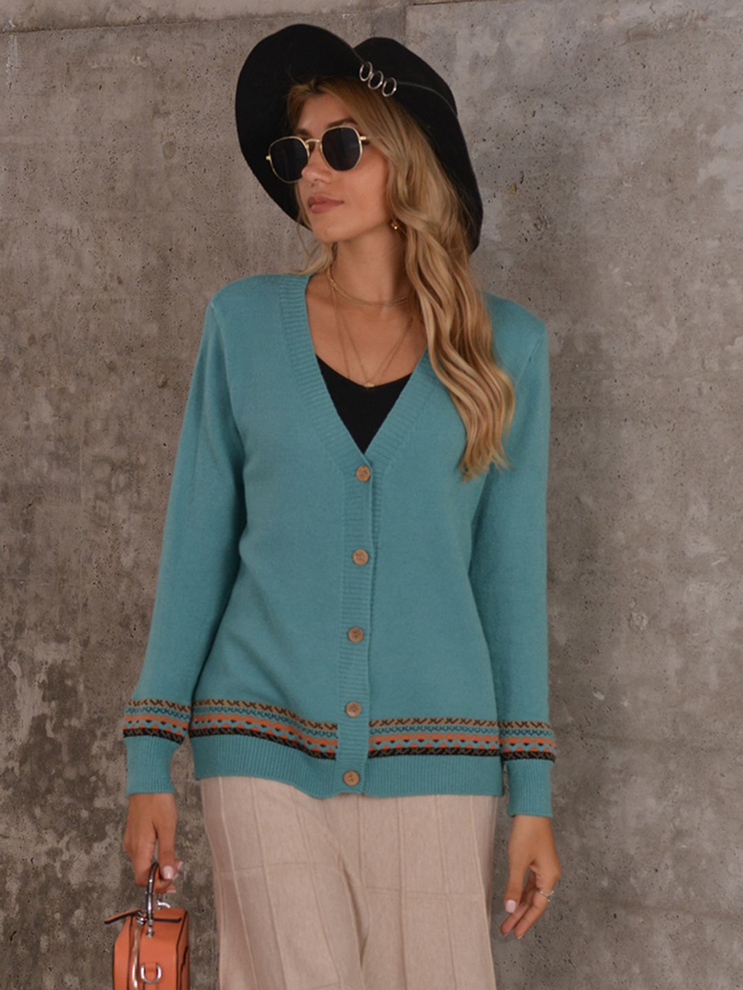 URBANIC Women Blue Acrylic Solid Cardigan with Embroidered Detail Price in India