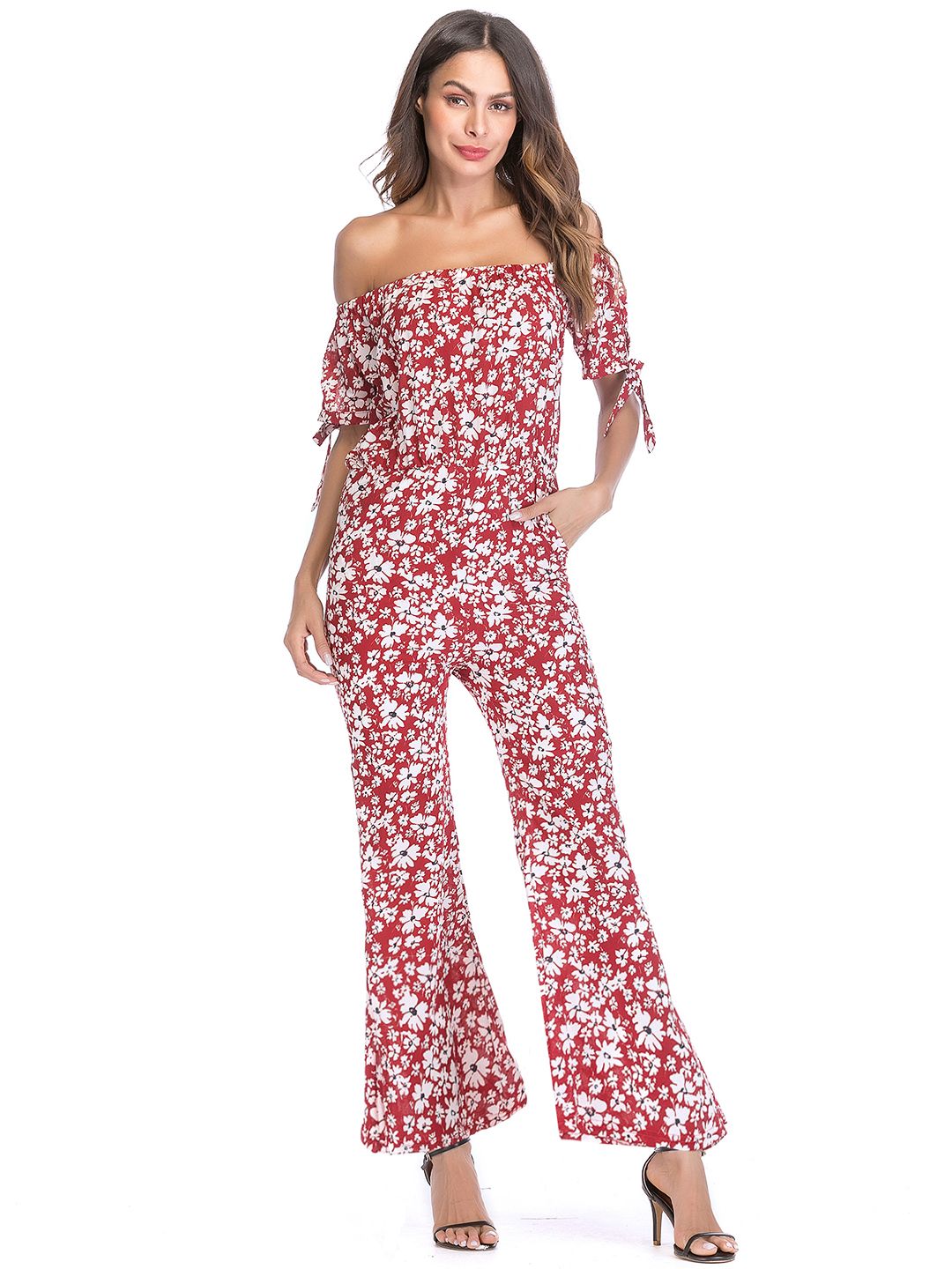 URBANIC Red & White Off-Shoulder Printed Basic Jumpsuit Price in India