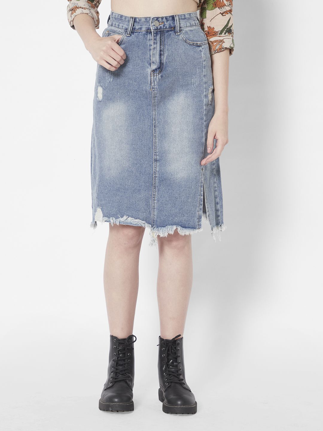 URBANIC Women Blue Raw Hem A-Line Denim Skirt