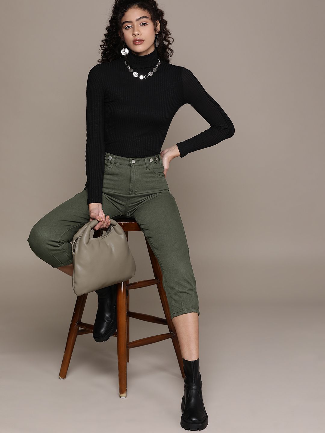URBANIC Women Olive Green Cotton Solid Cropped Jeans Price in India